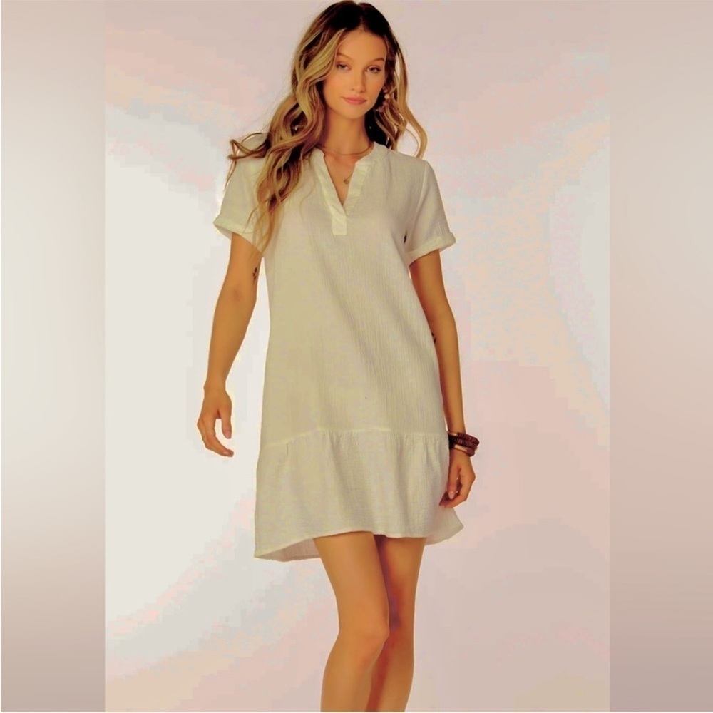Bobi Split Neck Ruffle Hem Mini Dress In Cream Size M